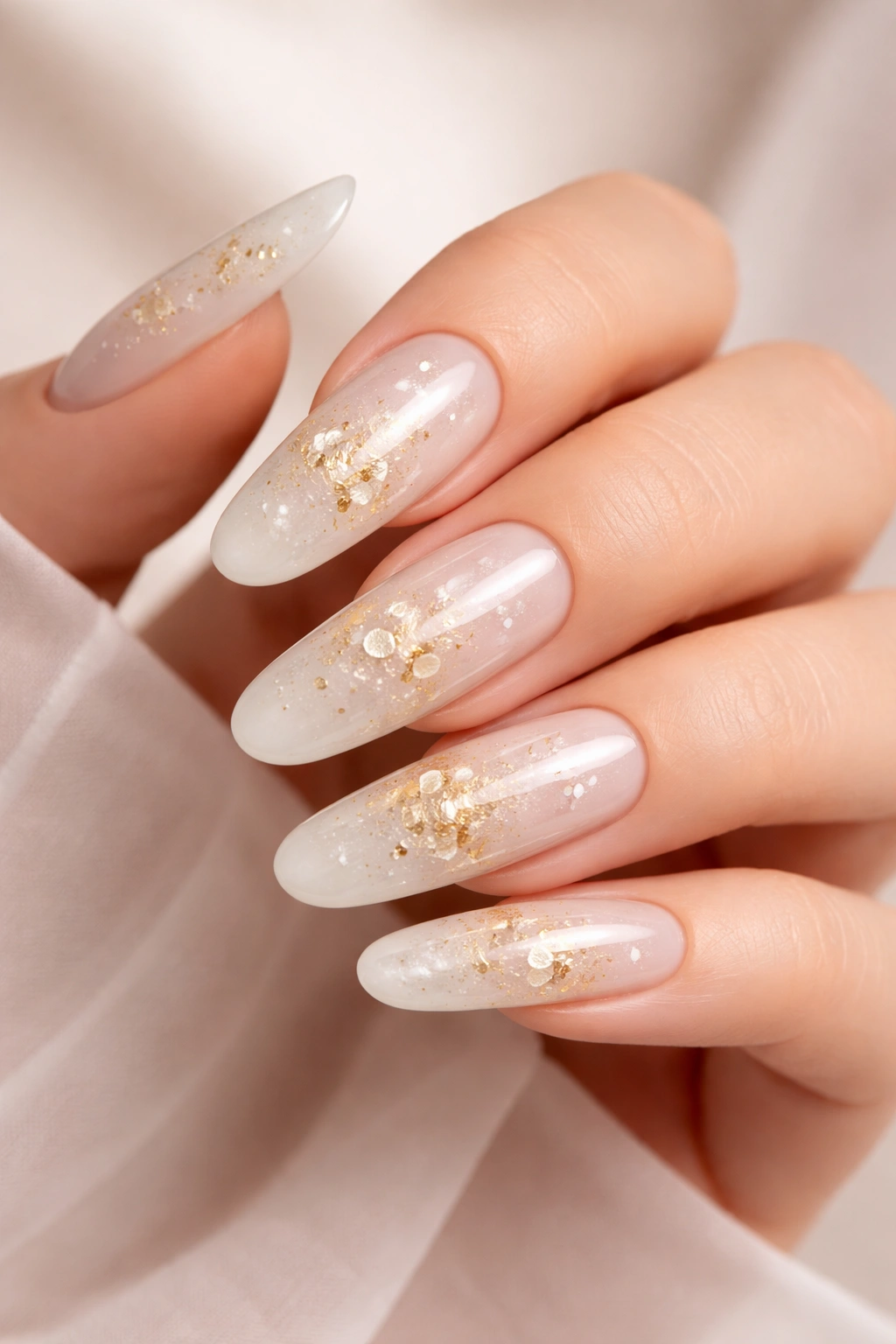 Close-up of milky white extra-long nails with embedded gold leaf