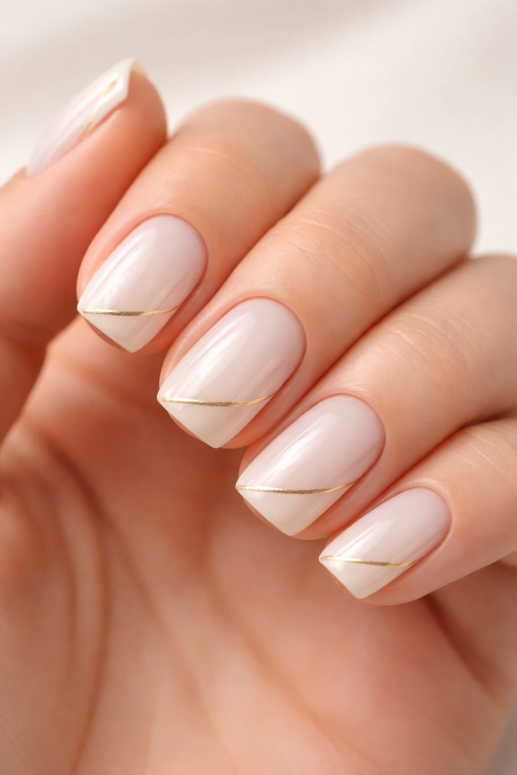 Close-up of short squoval nails with milky white gel and diagonal gold line