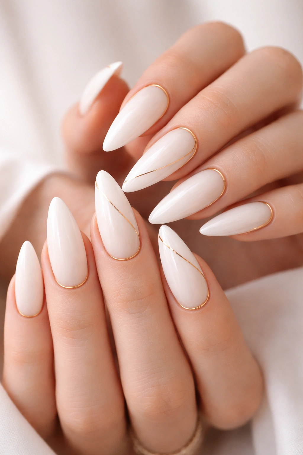 Close-up of milky-white stiletto nails with thin gold lines on a neutral background