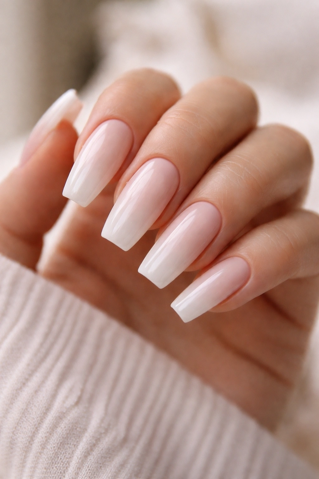 Nail gradient from milky white to nude tips on coffin nails