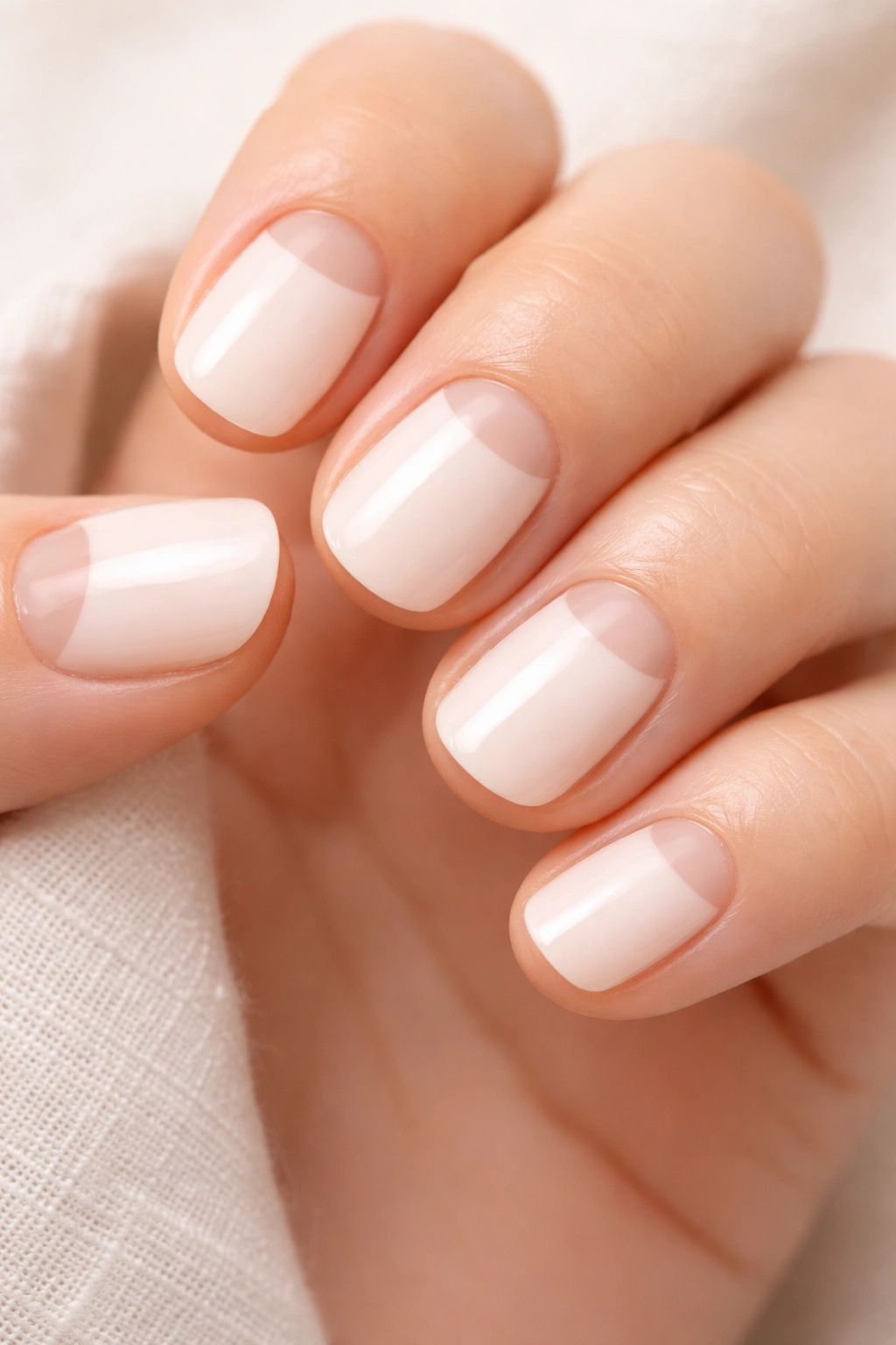 Milky white nails with negative-space half-moons near the cuticles