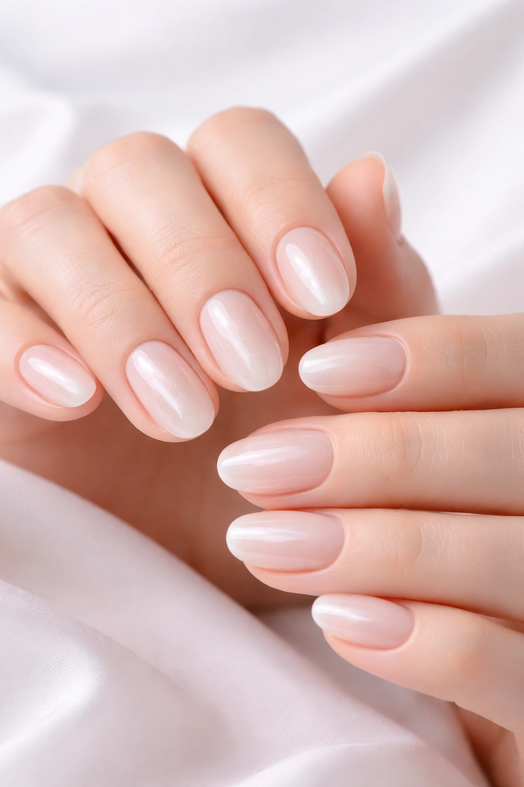 Close-up of hands with sheer milky white nails luminous and youthful