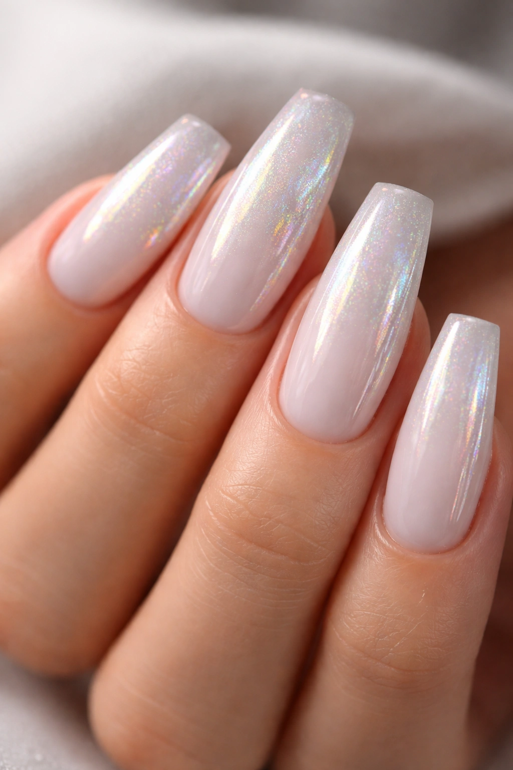 Close-up of milky white coffin nails with holographic shimmer in studio lighting