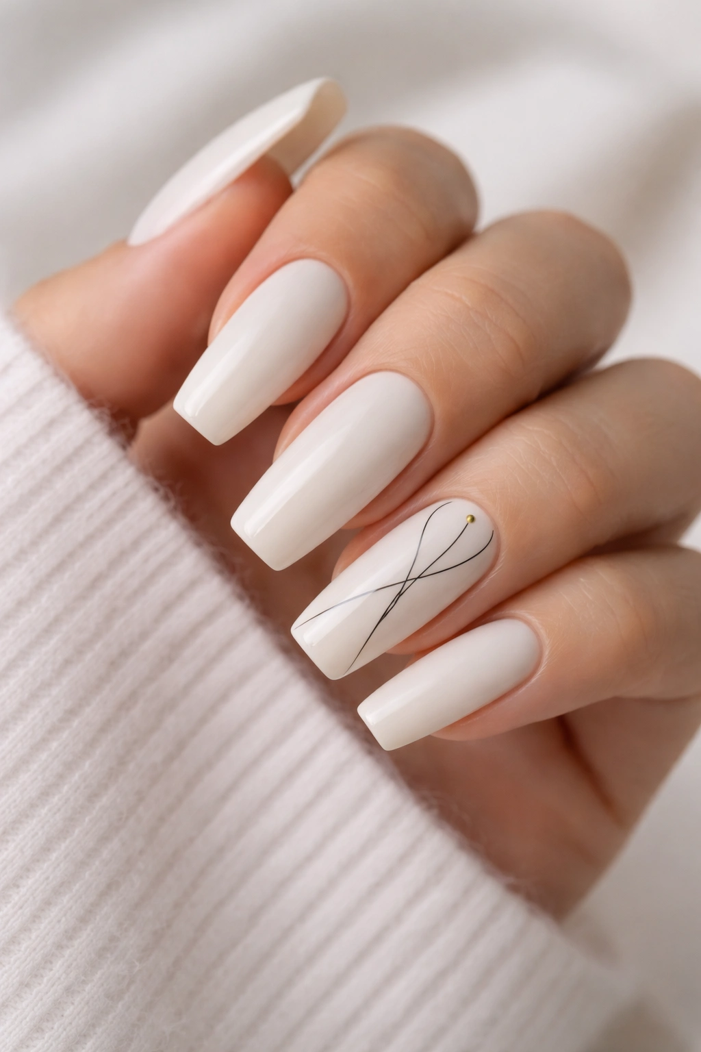 Milky white manicure with one accent nail featuring line art