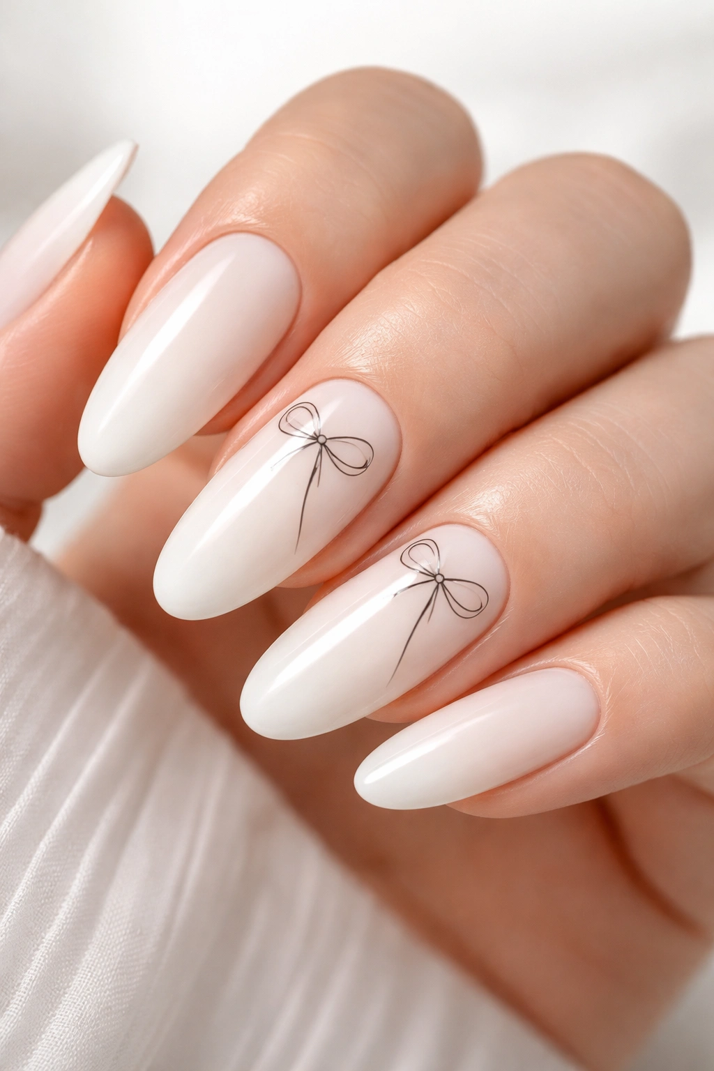 Milky white nails with minimalist black line bows on select nails.
