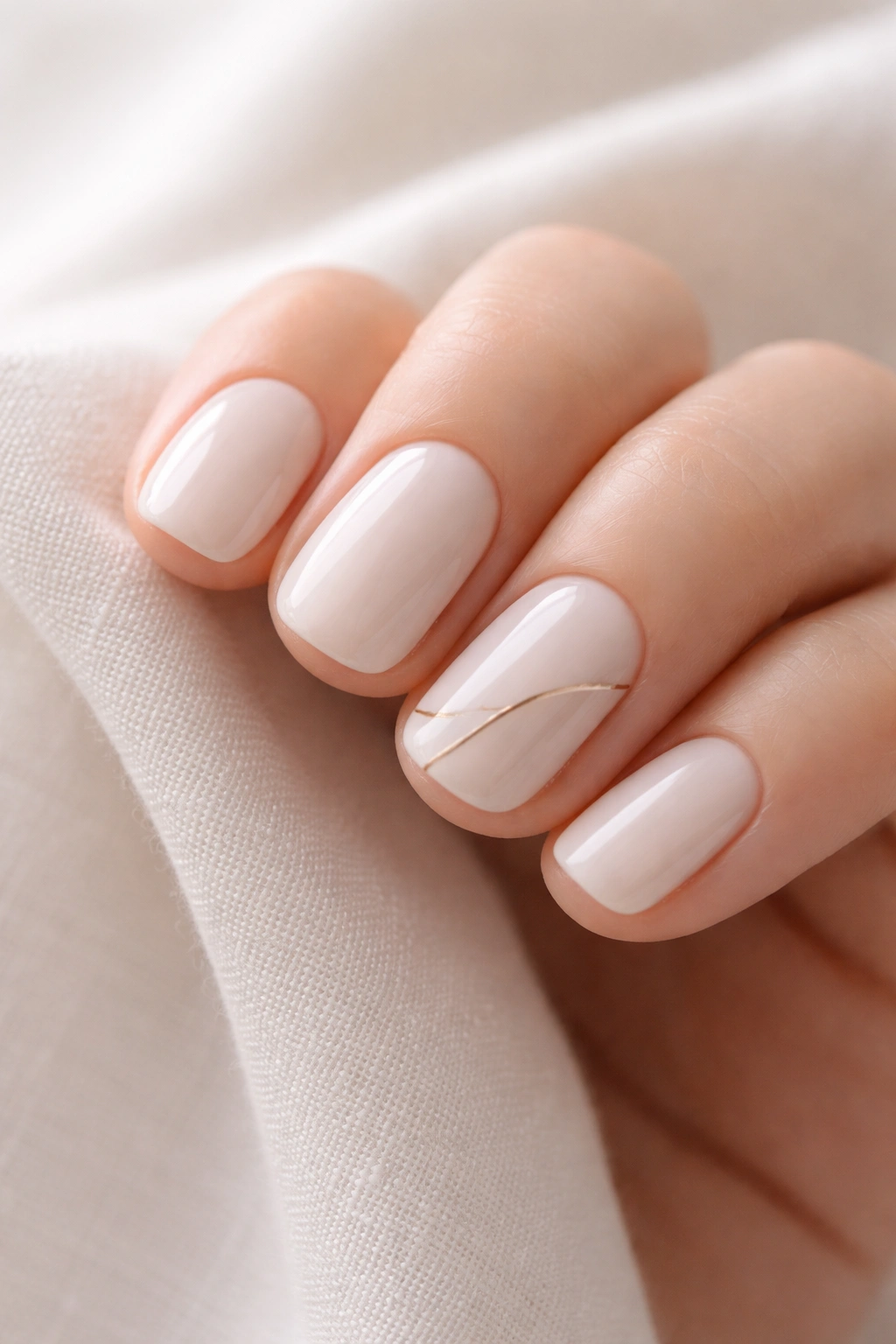 Close-up of short milky white nails with minimalist line