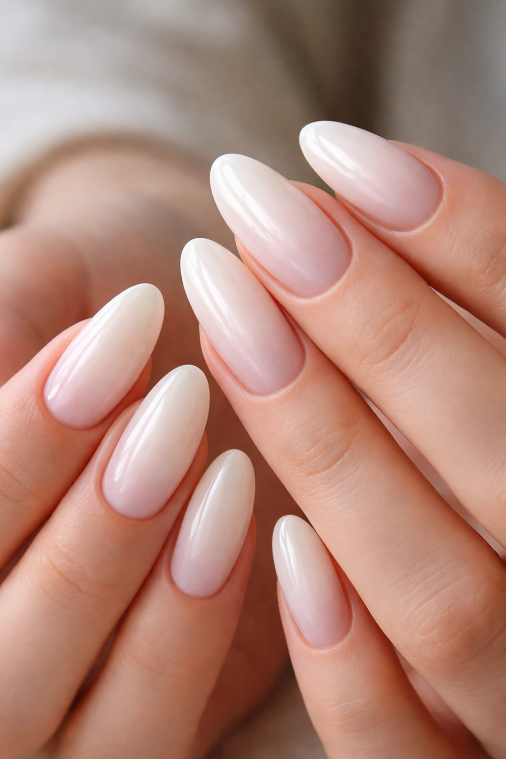Close-up of milky white long oval nails with translucent finish