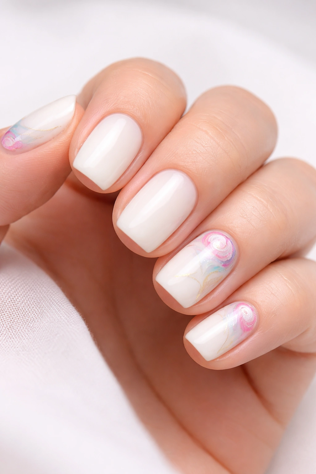 Milky white nails with colorful marble negative-space design on short squoval nails