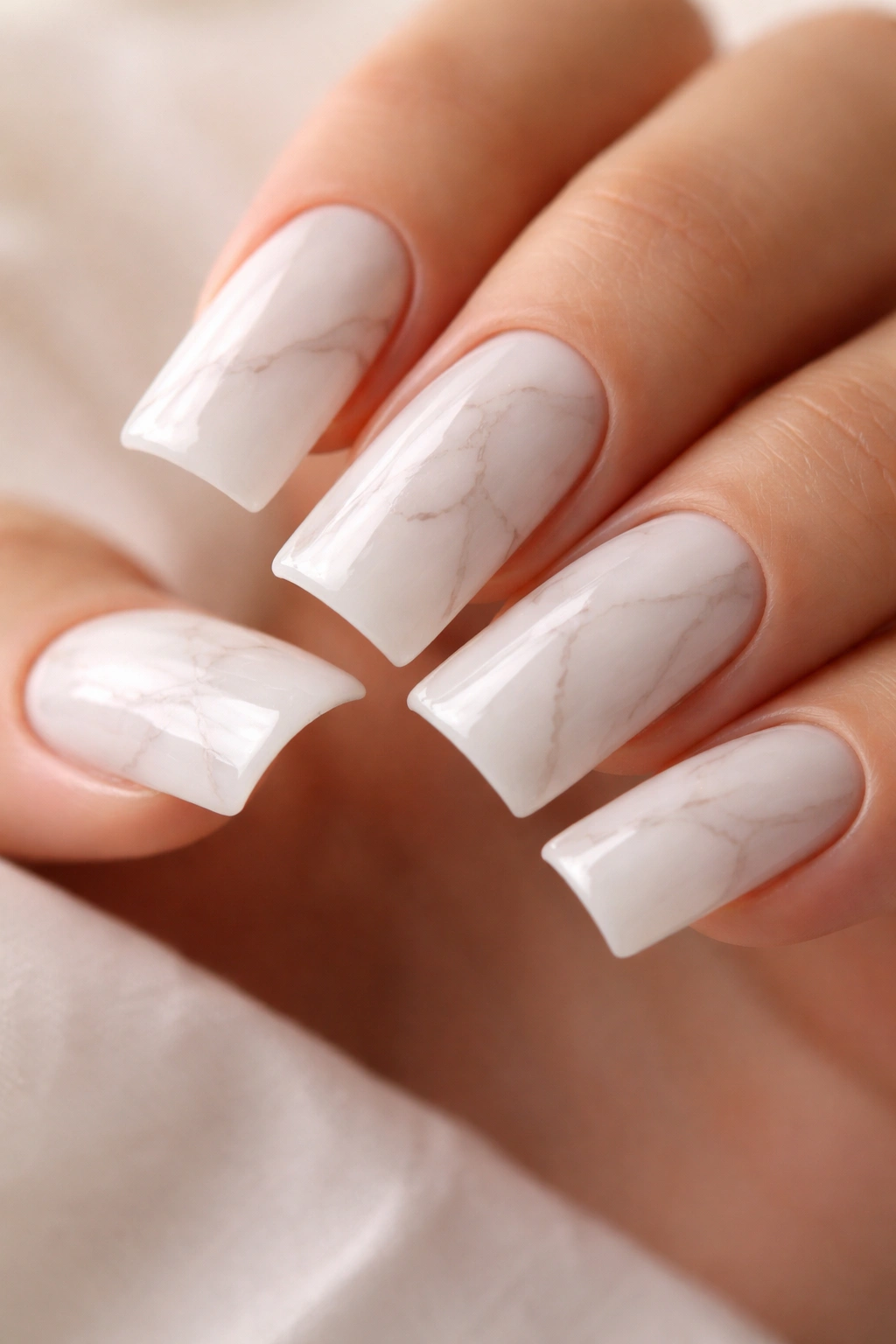 Close-up of milky white nails with subtle marble veining on medium duck nails