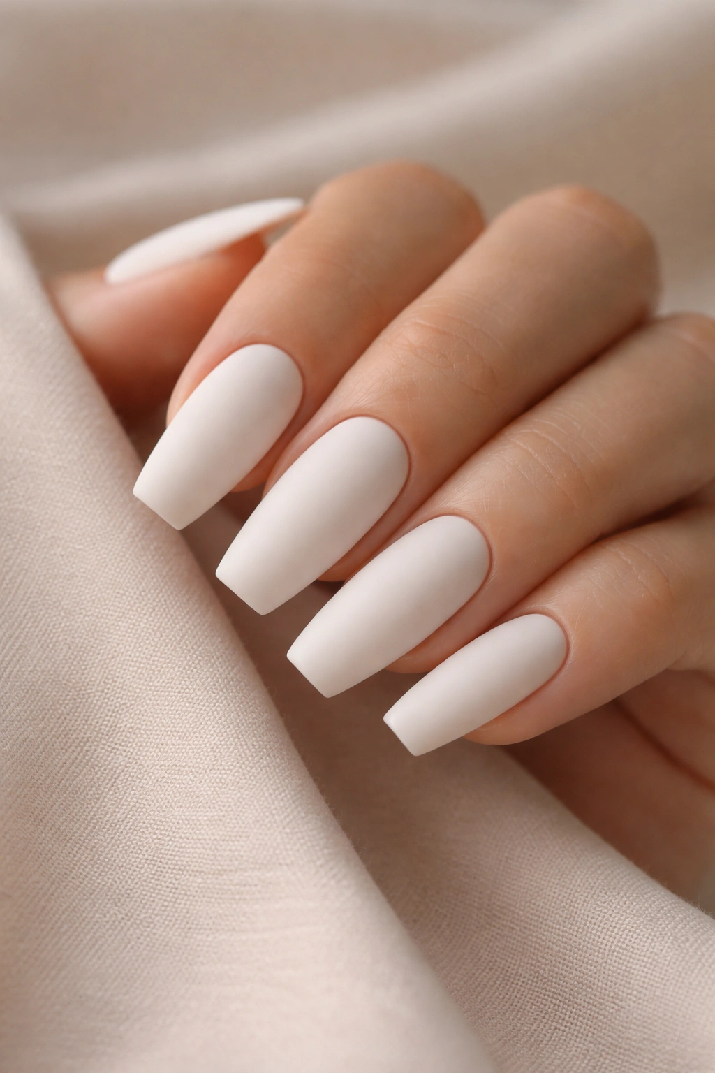 Coffin nails in milky white with a matte velvet finish