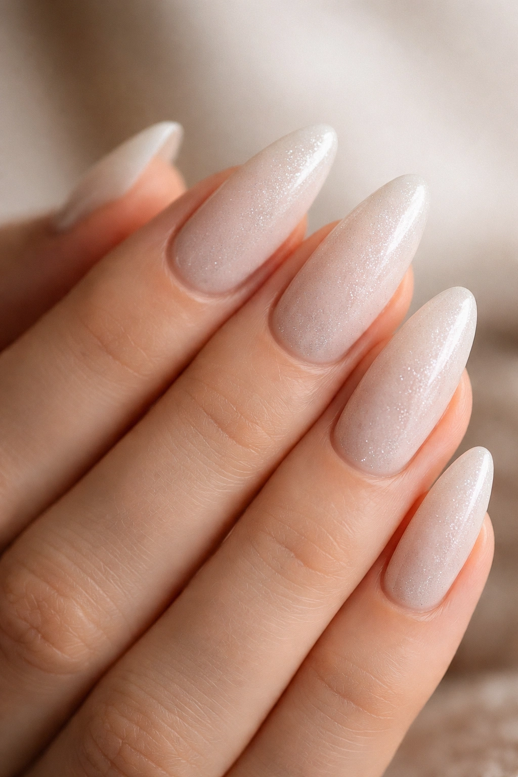 Almond nails with milky white base and micro glitter finish