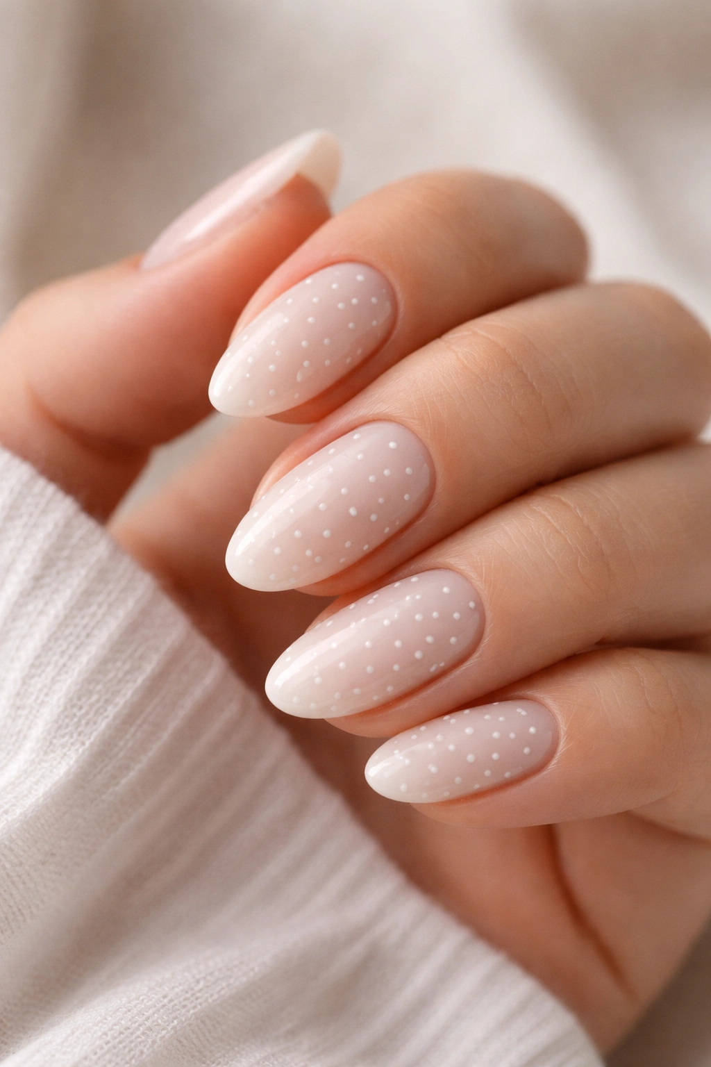 Milky white nails with micro white polka dots on short almond nails