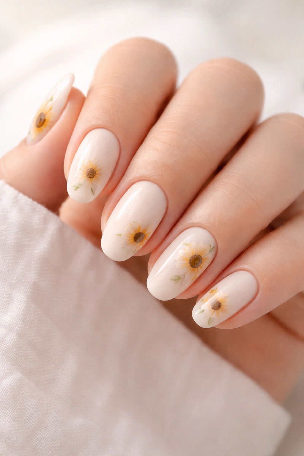 Nail art on milky white base with minimalist sunflower outlines.
