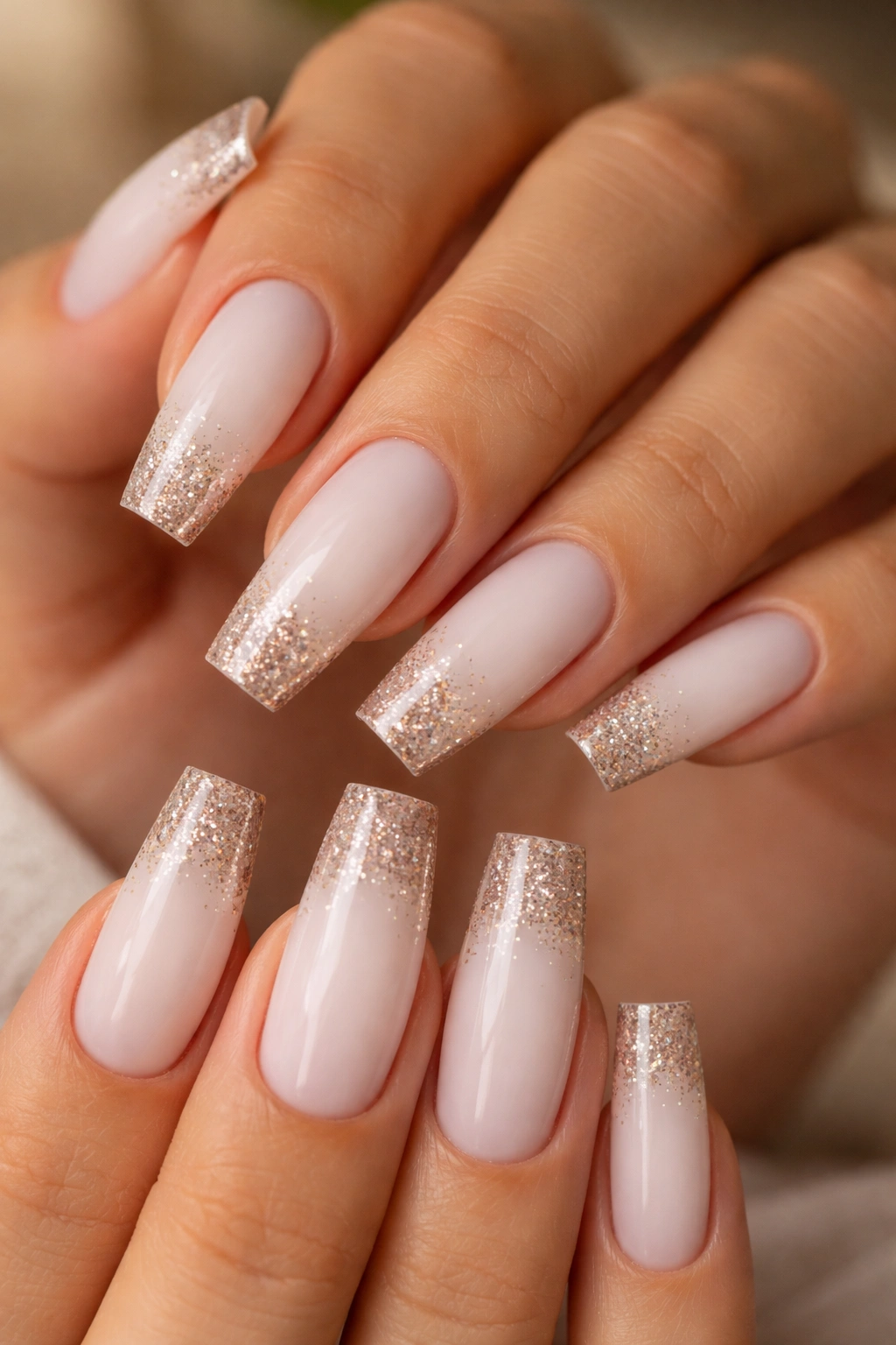 Milky white nails with nude glitter tips in champagne tones on tips