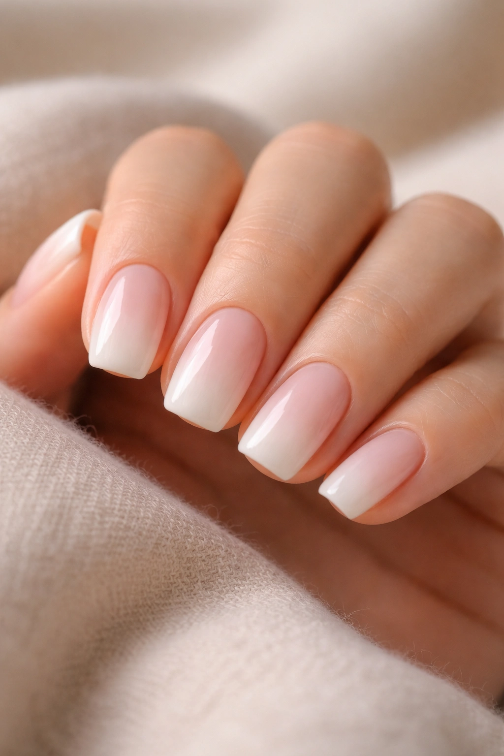 Close-up of milky white nails with translucent blush ombre on short squoval nails