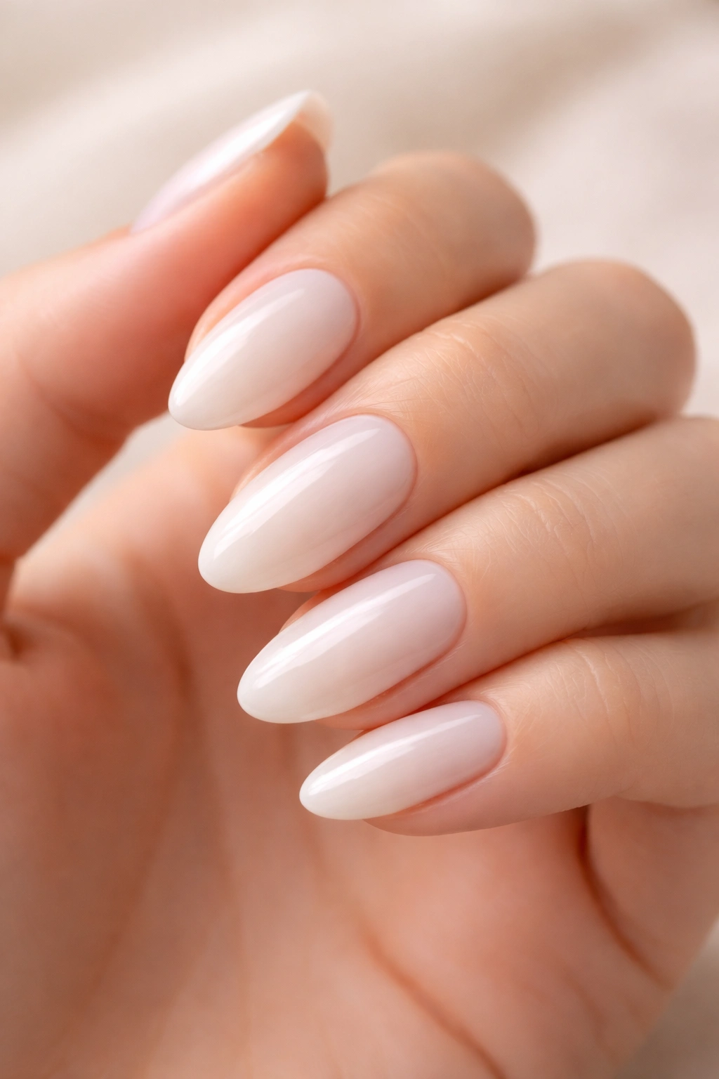 Close-up of milky white oval nails with glossy finish on a hand
