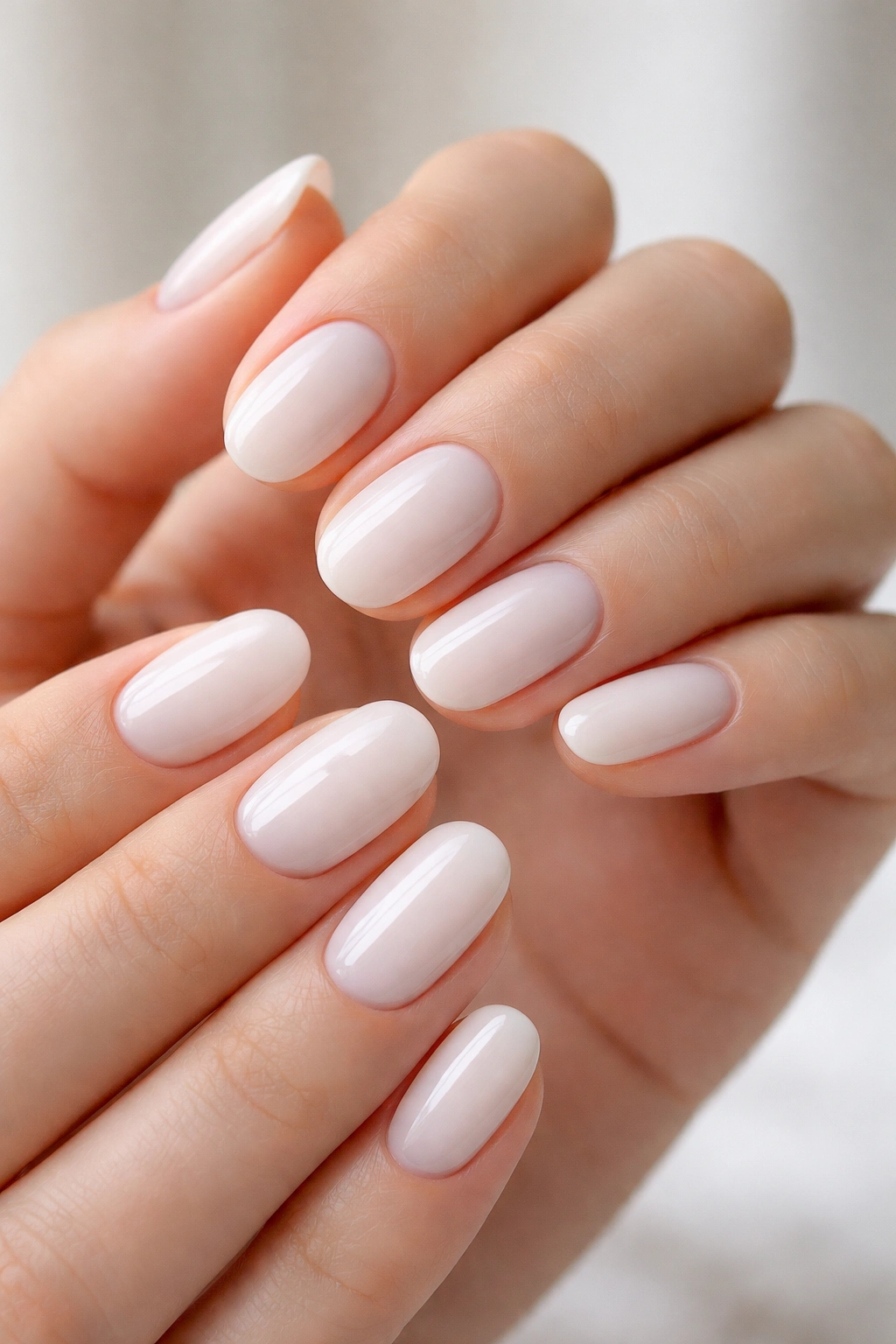 Close-up of hands with milky white oval nails on a neutral background
