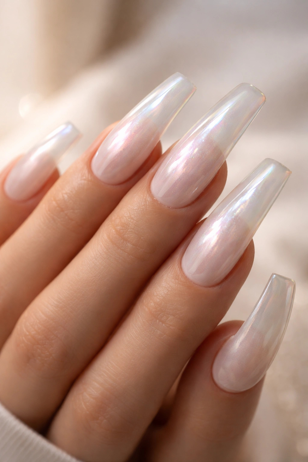 Translucent milky white nails with pearl finish on curved duck nails