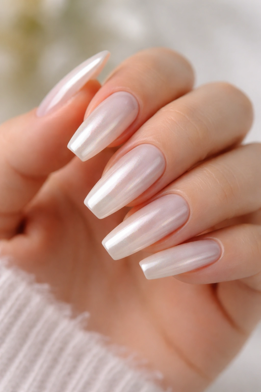Milky white pearl ballerina nails with soft glow on medium length.