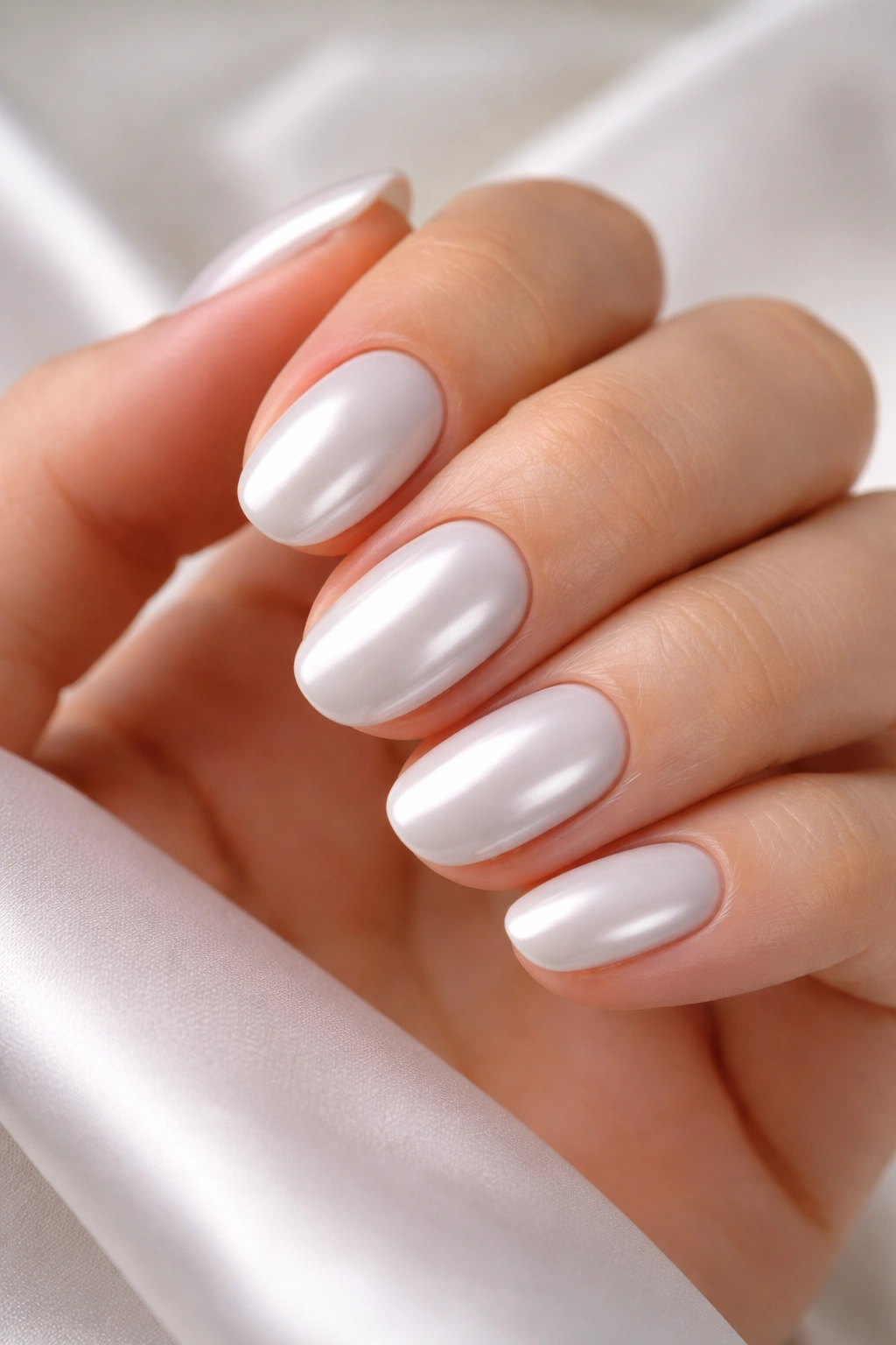 Close-up of short oval nails with milky base and pearly chrome glow