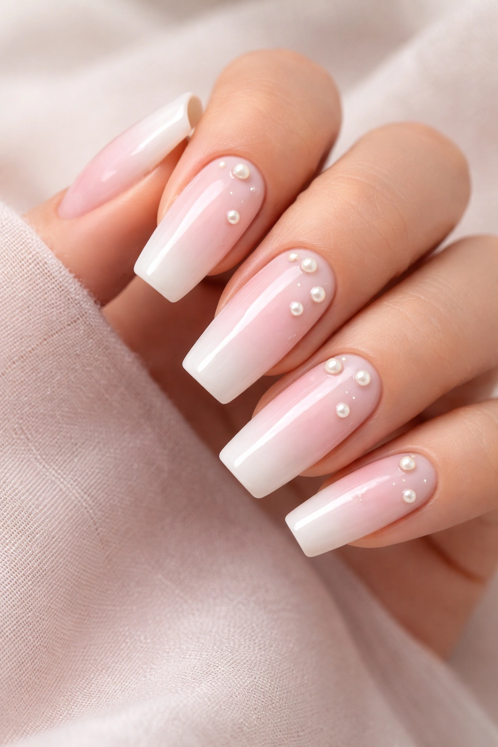 Close-up of milky white nails with pink gradient and pearl accents
