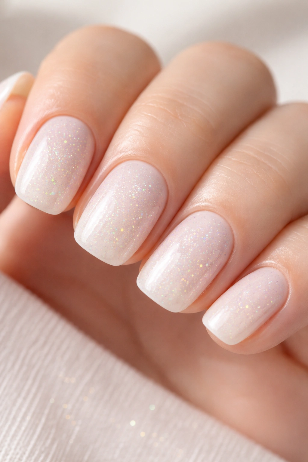 Milky white nails with subtle rainbow glitter close-up