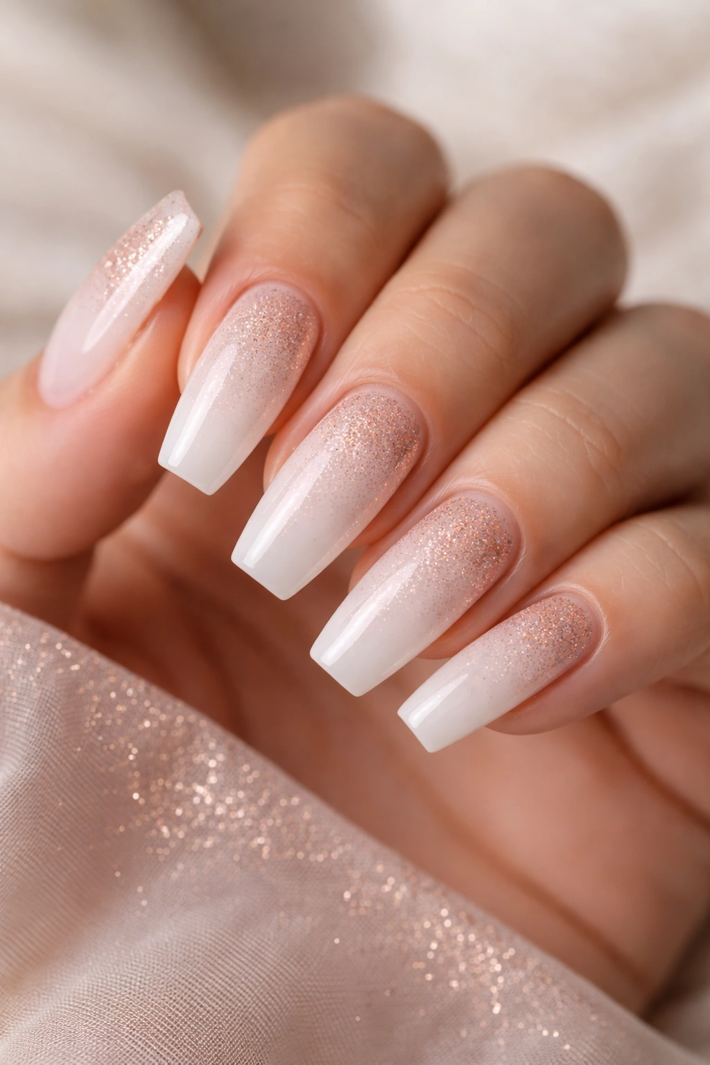 Coffin nails milky white base with rose gold dust shimmer