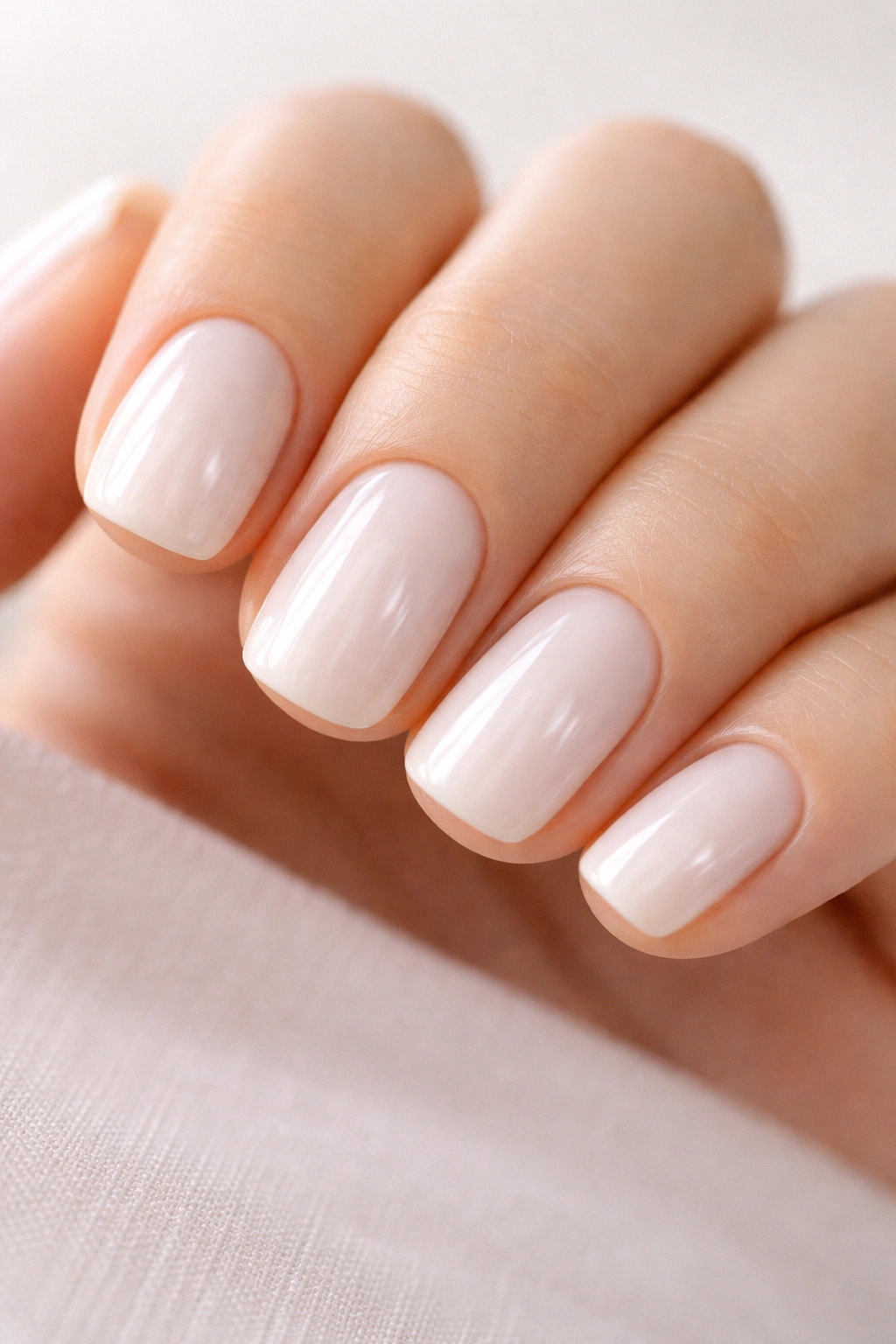 Close-up of milky white nails with translucent, cloudy finish on short to medium nails.