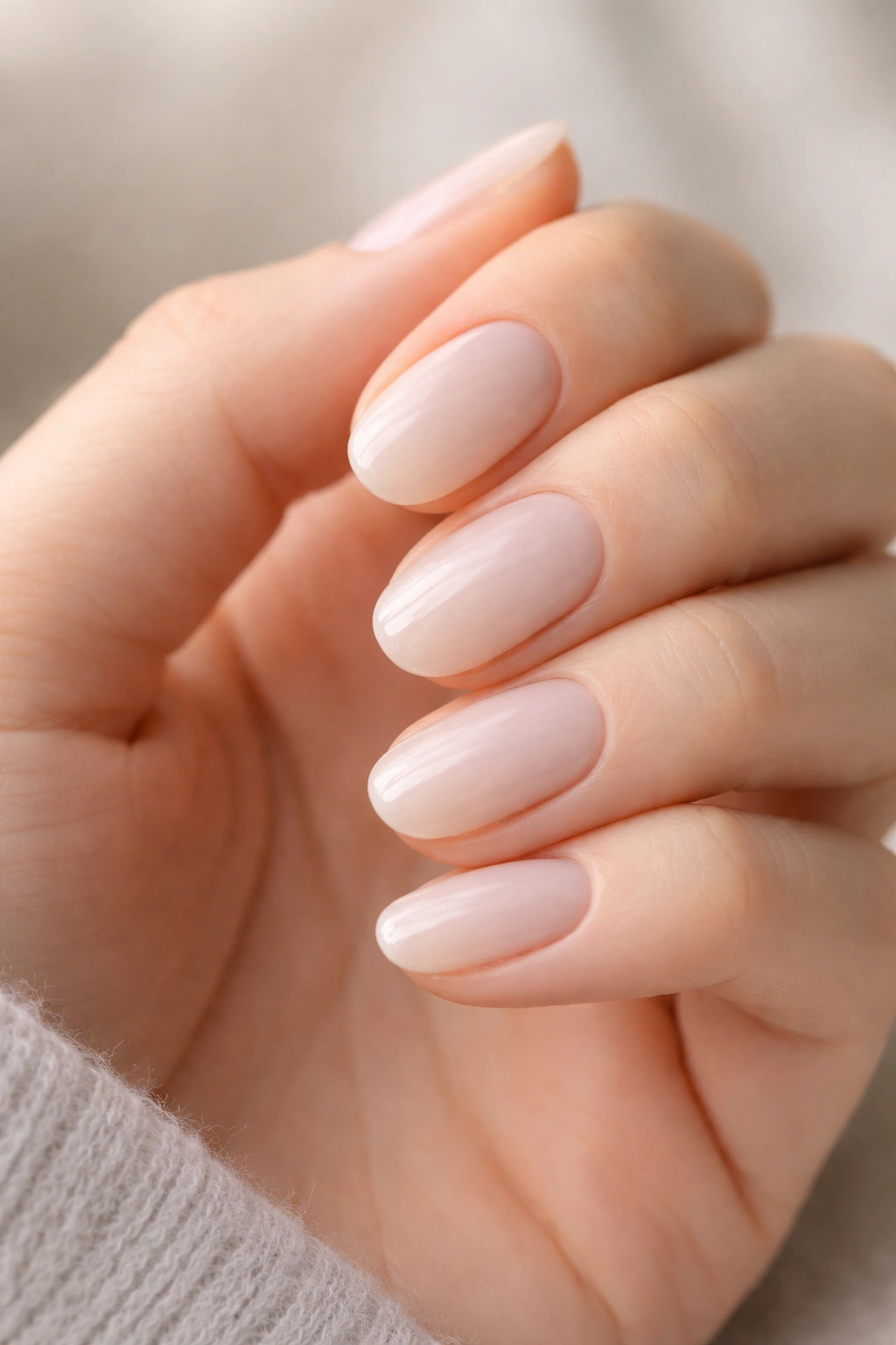 Close-up of short oval nails with translucent milky white polish on bare hand