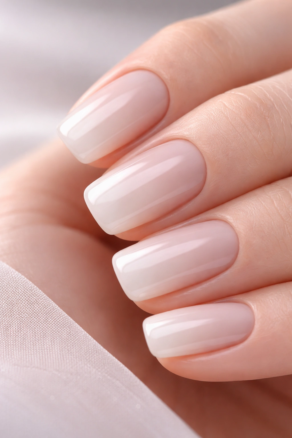 Close-up of short squoval nails with milky white base and sheer overlay creating a subtle depth