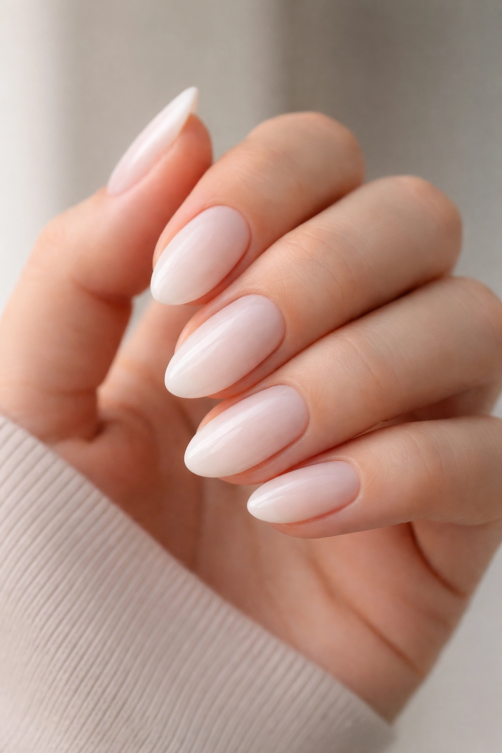 Close-up of milky white short almond nails with translucent depth