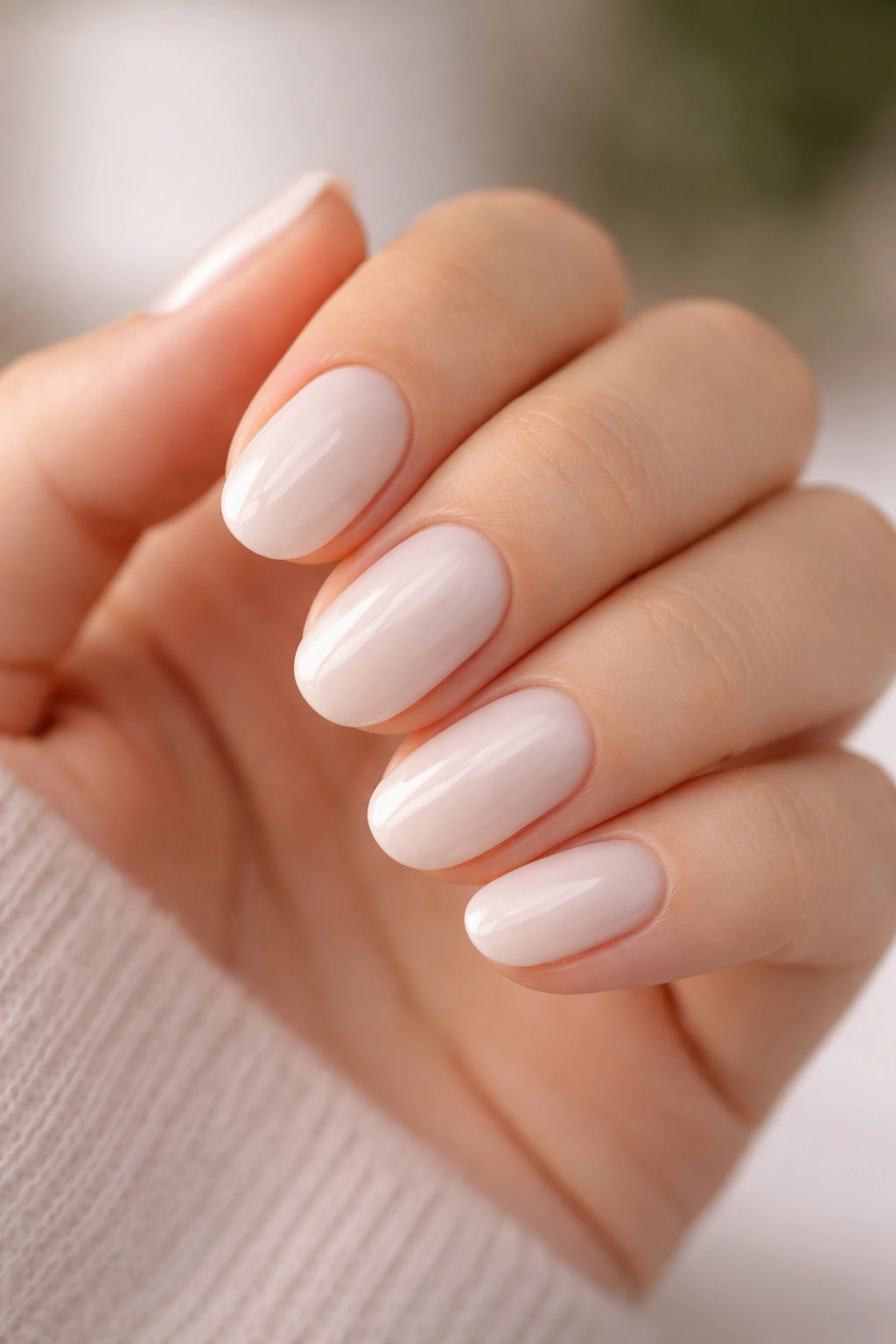 Close-up of short oval nails in warm milky white with glossy finish