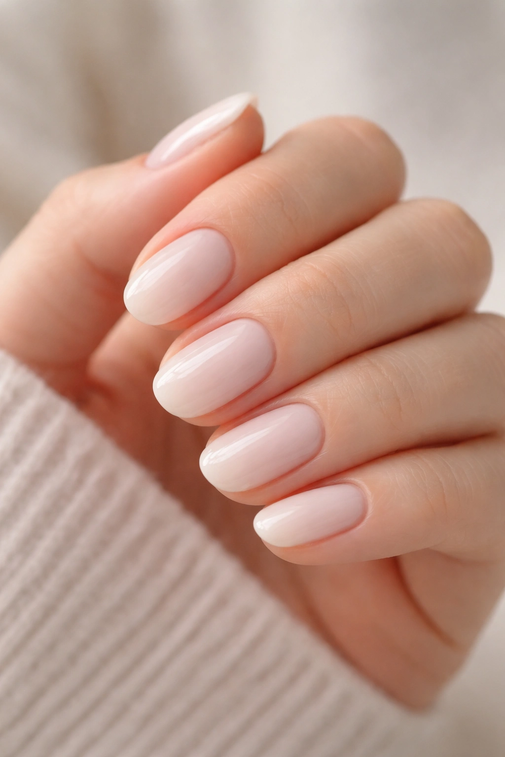 Close-up of soft milky white short oval nails with translucent finish