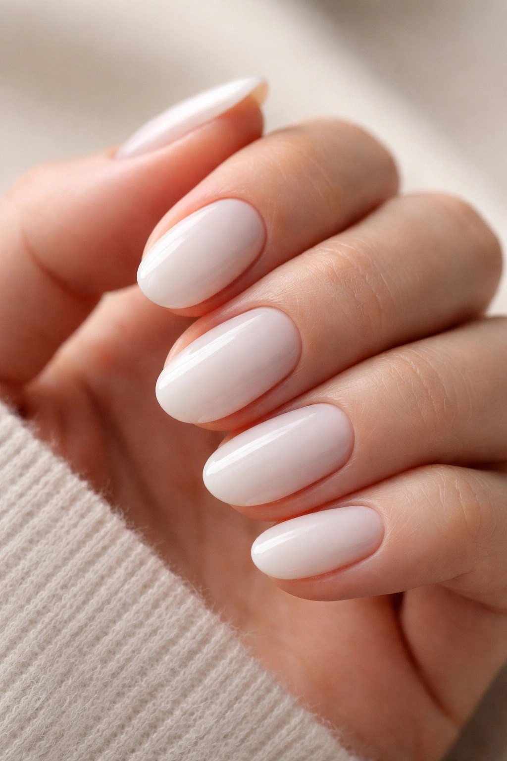 Close-up of milky white short oval acrylic nails with soft diffused light
