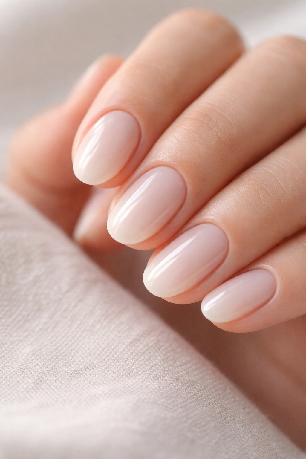 Close-up of short oval nails with translucent milky white polish and a soft clouded edge.