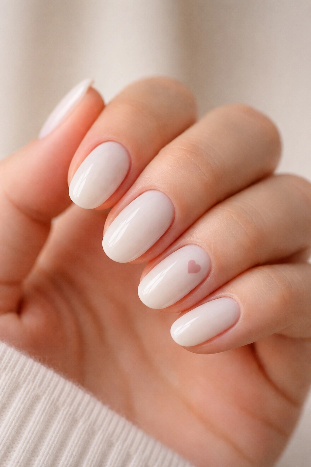 Close-up of milky white short oval nails with a tiny heart accent on the ring finger