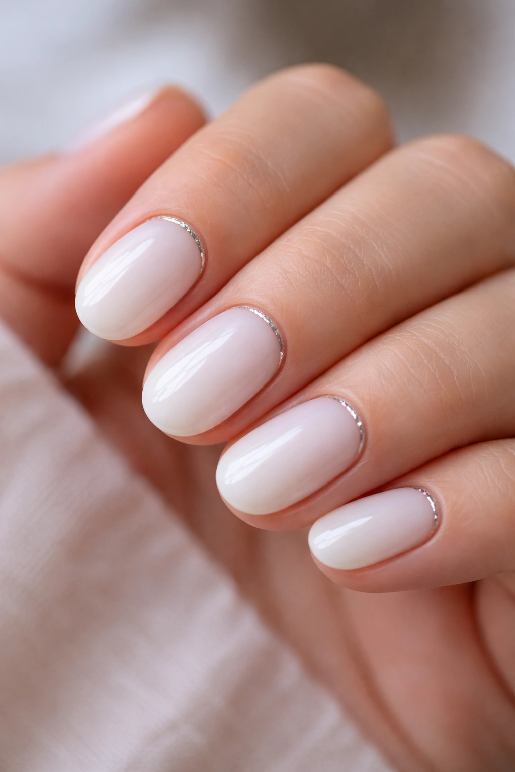 Nails with milky white polish and silver cuticle accents on short ovals