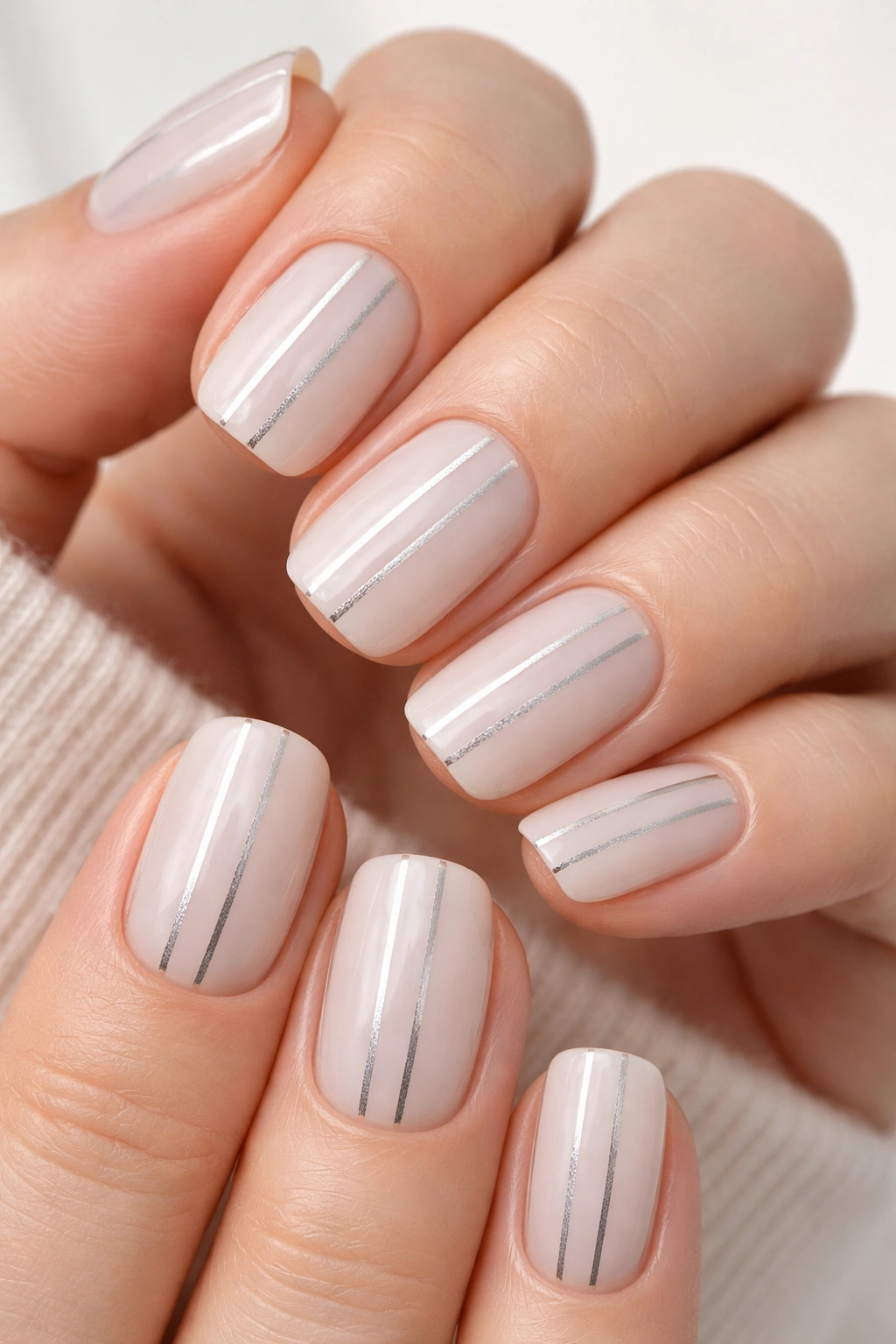 Milky white nails with thin vertical silver stripes