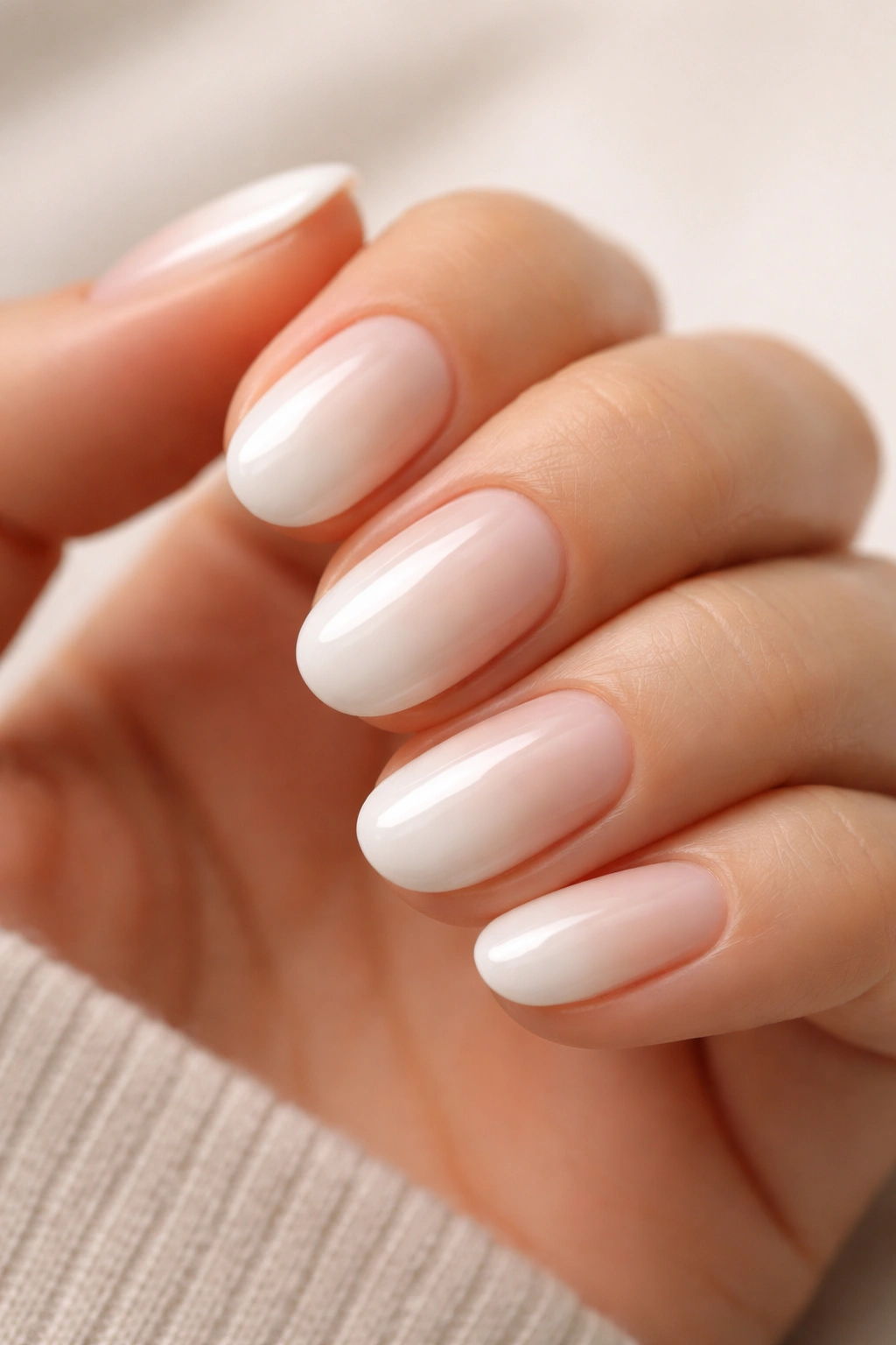 Close-up of short oval nails with milky white polish blended into a nude base