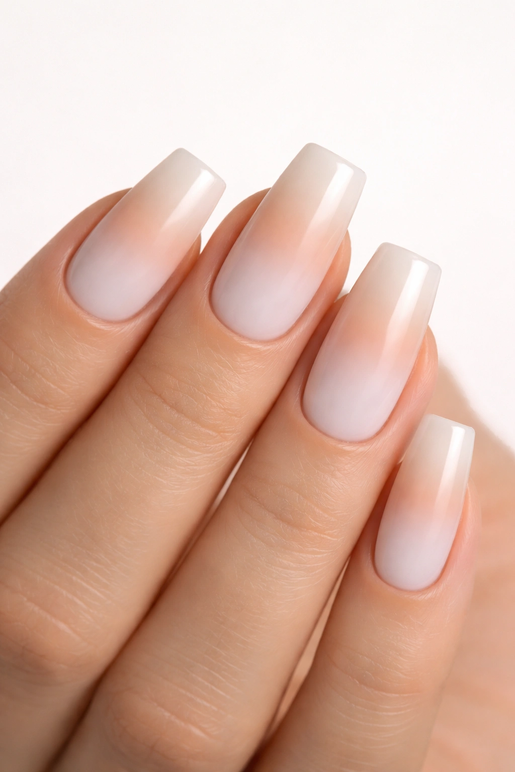 Close-up of milky white nails fading to nude tips in soft square shape