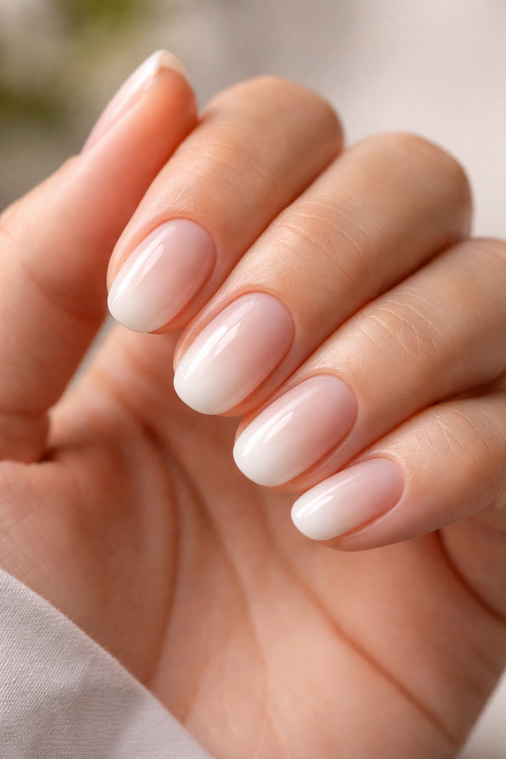 Close-up of short oval nails with milky white ombre fade