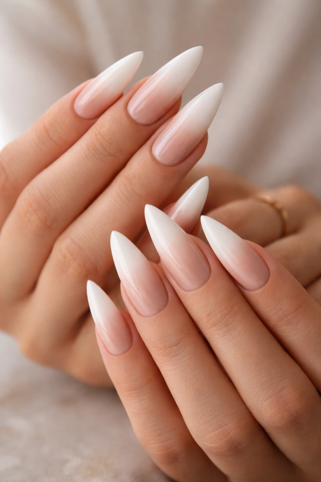 Milky white to nude ombre stiletto nails with a subtle gradient