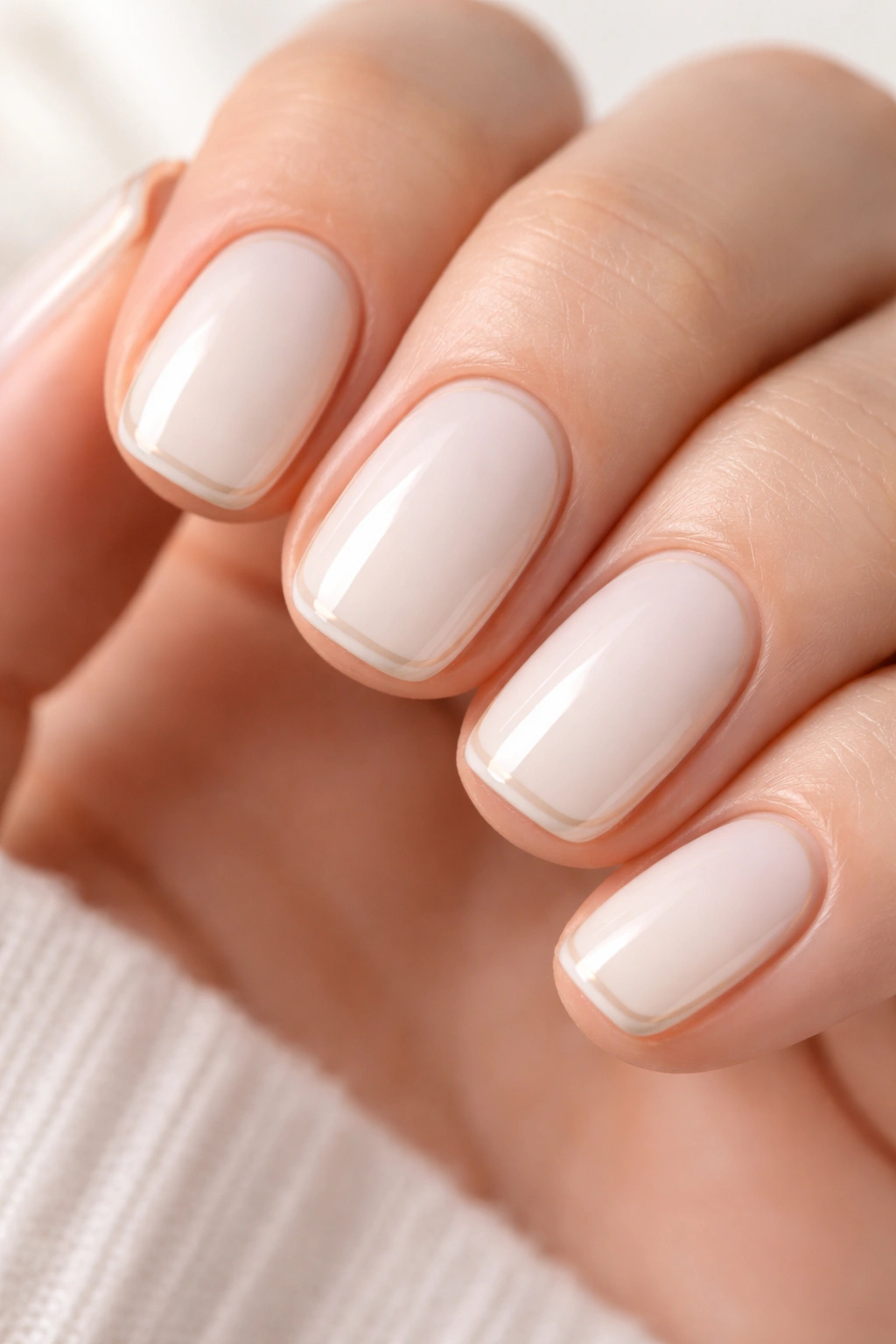 Nails with milky white base and a thin nude edge outline