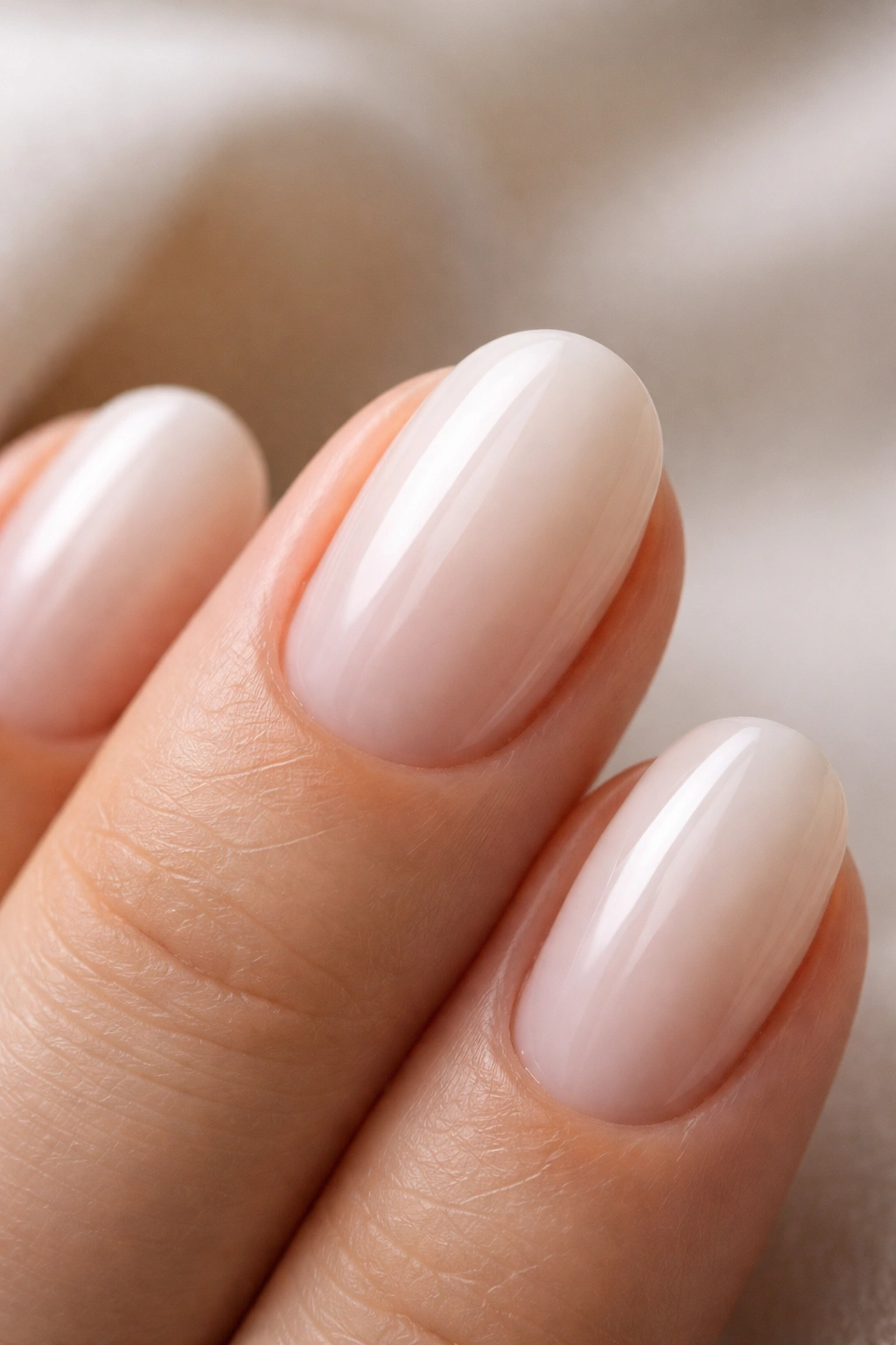 Close-up of milky white semi-sheer short oval nail showing nail bed