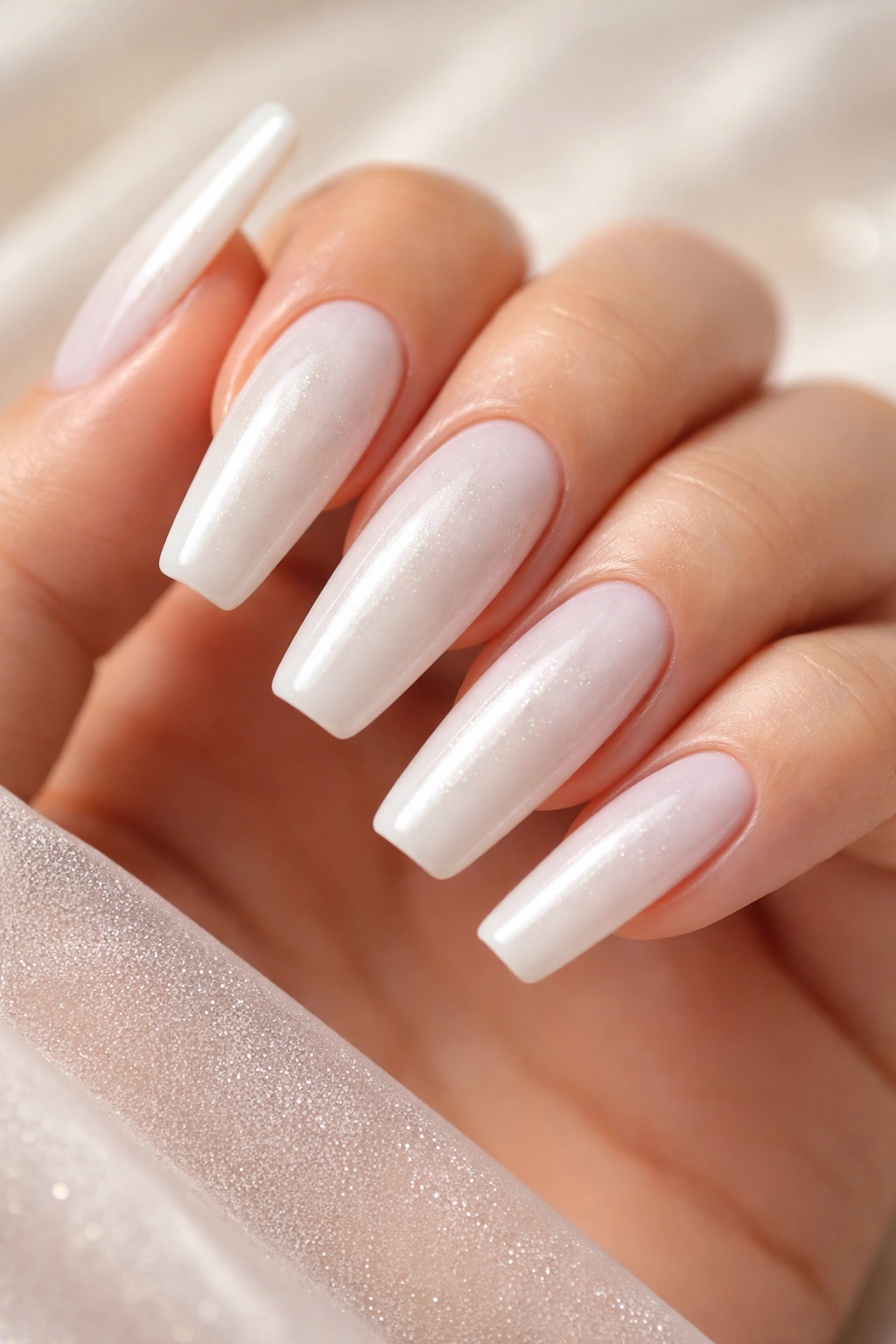 Milky white nails with pearl dust shimmer