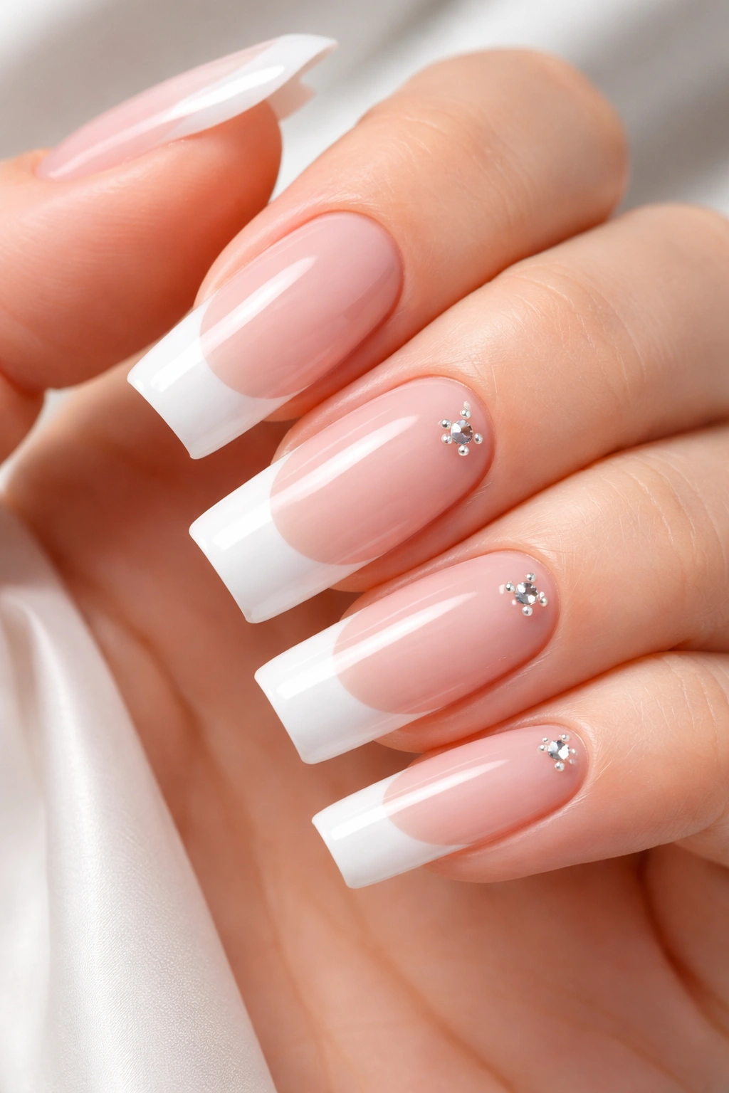 Nails with milky translucent tips and a single rhinestone at the apex on a nude base