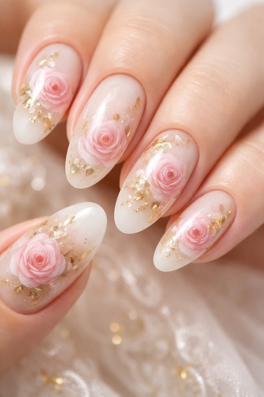 Milky white nails with pink roses and gold leaf accents