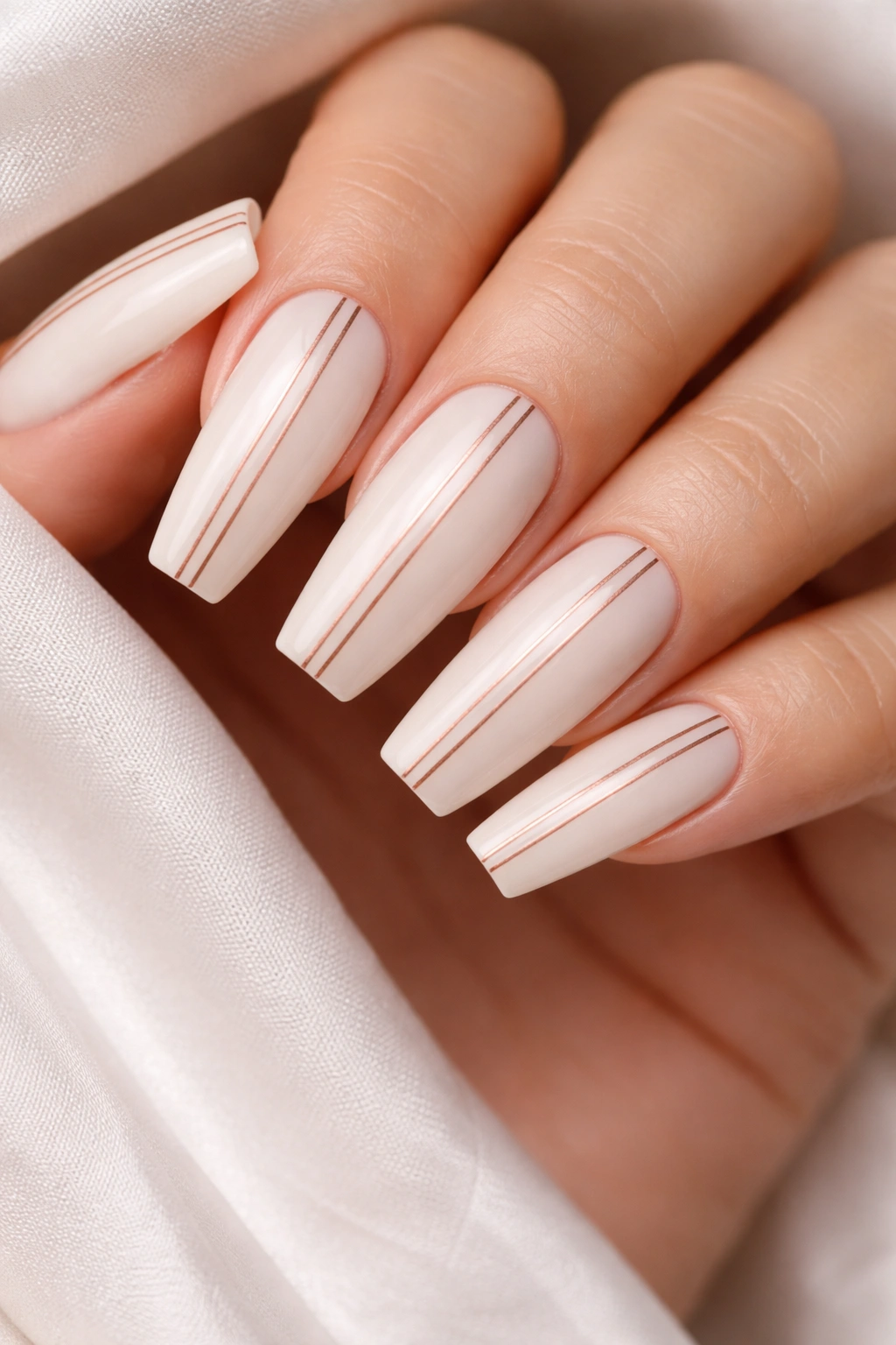Milky white nails with rose gold stripes
