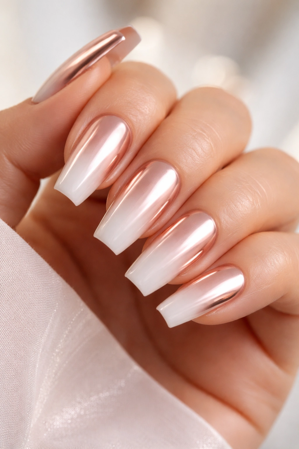 Nails with milky white base and rose gold chrome finish