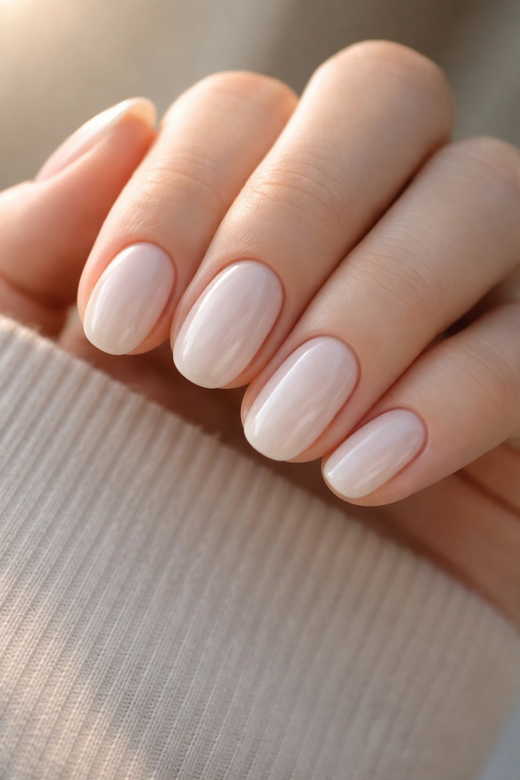 Close-up of milky white cream nails on short oval nails